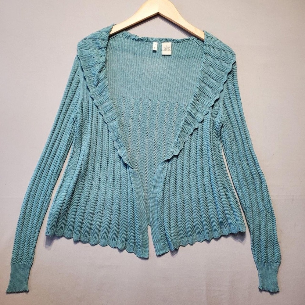 Moth Anthropologie Ruffle Open Front Cardigan Sweater Womens S Blue Boho Cotton